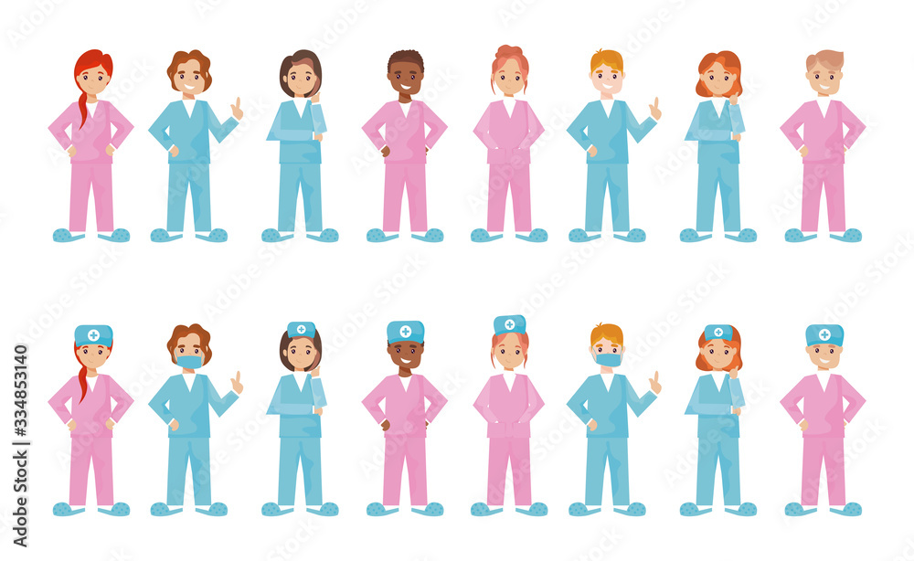 group of nurses in different poses on white background