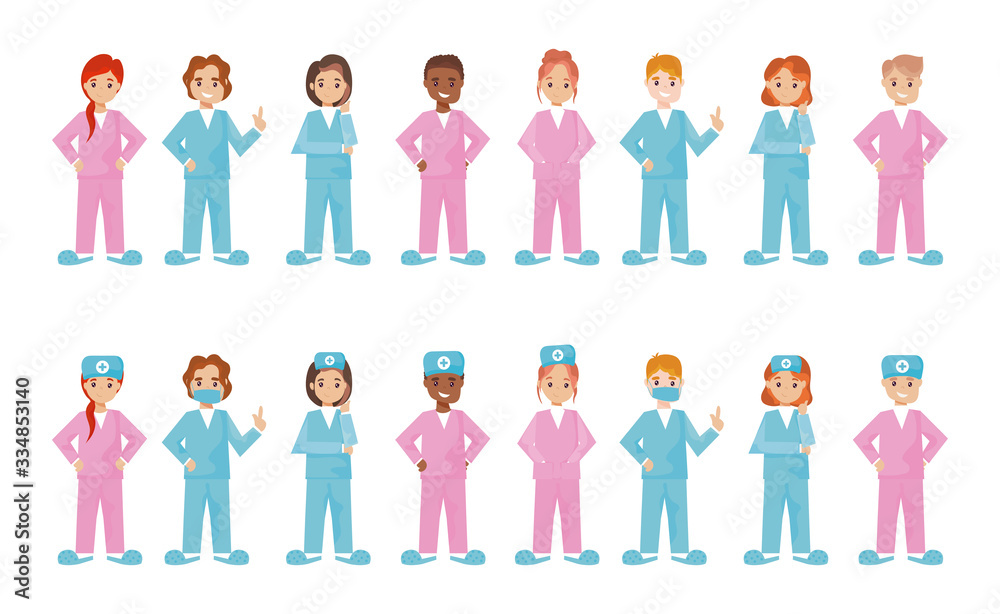 group of nurses in different poses on white background group of nurses in different poses on white background