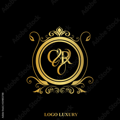 C & R / CR logo initial vector mark. Initial letter C and R CR logo luxury vector mark, gold color elegant classical symmetric curves decor.