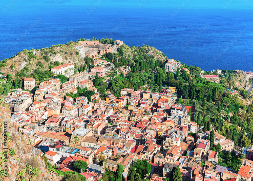Cityscape in Taormina and Mediterrenean sea Sicily