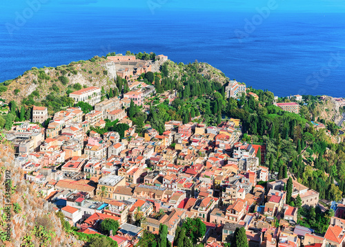 Fototapeta Naklejka Na Ścianę i Meble -  Cityscape in Taormina and Mediterrenean sea Sicily