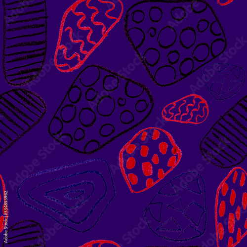 Creative seamless pattern with beautiful bright abstract spots. Colorful text...