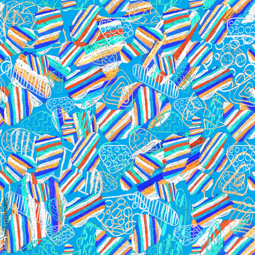Creative seamless pattern with beautiful bright abstract spots. Colorful text...