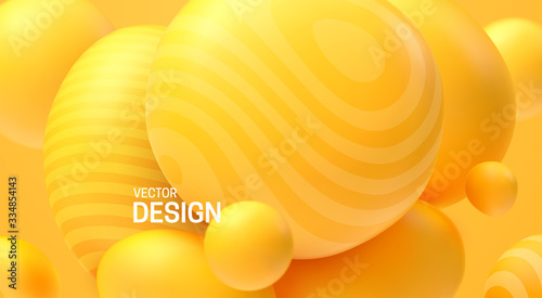 Abstract background with dynamic 3d spheres. Plastic yellow bubbles. Vector illustration of glossy soft balls. Modern trendy banner or poster design