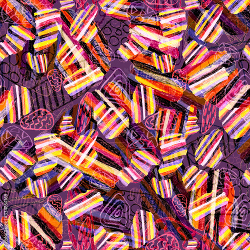 Creative seamless pattern with beautiful bright abstract spots. Colorful text...