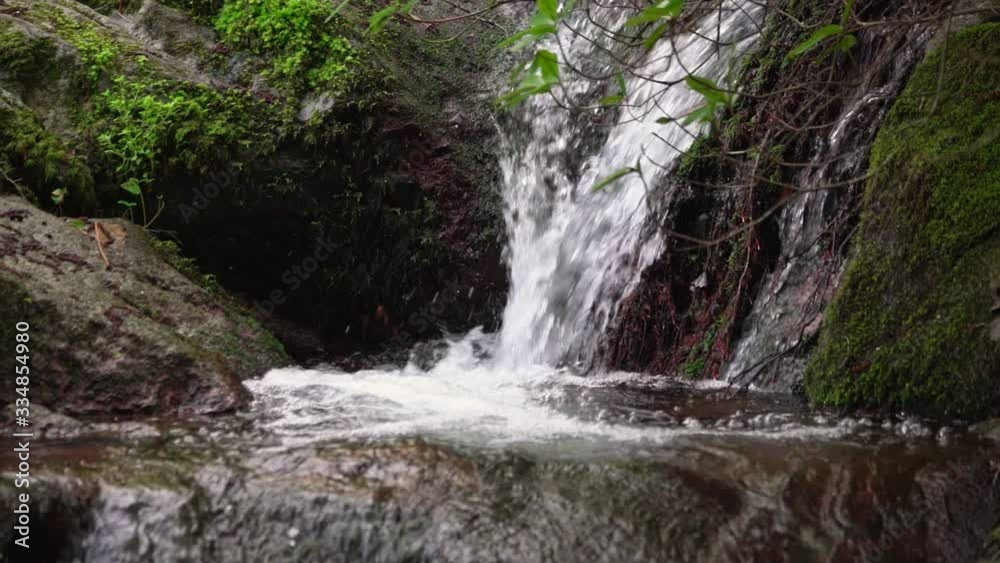 Mountain stream of clean and clear water flows in mountains. Ecology and water supply of the earth. Slow motion Mountain stream of clean and clear water flows in mountains. Ecology and water supply of the earth. Slow motion