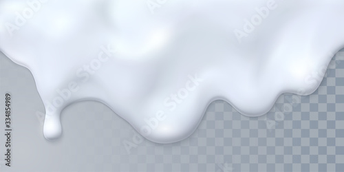 Dripping white milk isolated on transparent background. Vector 3d illustration. Liquid creamy wave. Dairy product decoration. Food concept
