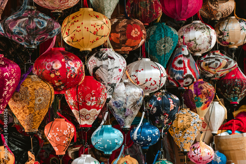 Background of colored lanterns in Hoi An, beautiful citycity of lights, in Vietnam. Repeated objects pattern