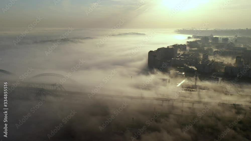 fog bridge over the Volga river traffic view from the drone fog bridge over the Volga river traffic view from the drone