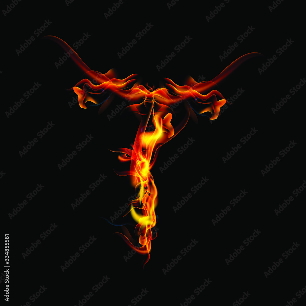 letter T fire or shades of horror, burning letters, Latin fonts from fire, collection of fonts, fire for creative business logos and GAME