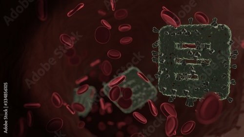 microscopic 3D rendering view of virus shaped as symbol of paper inside vein with red blood cells