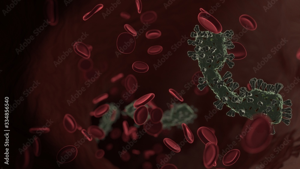 microscopic 3D rendering view of virus shaped as symbol of phone call button inside vein with red blood cells microscopic 3D rendering view of virus shaped as symbol of phone call button inside vein with red blood cells