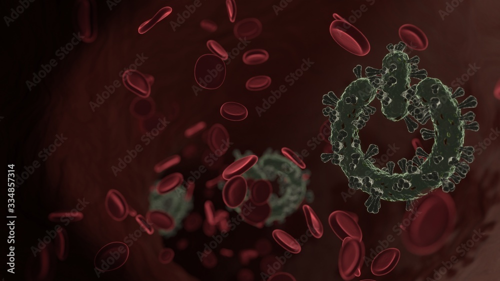 microscopic 3D rendering view of virus shaped as symbol of power inside vein with red blood cells microscopic 3D rendering view of virus shaped as symbol of power inside vein with red blood cells