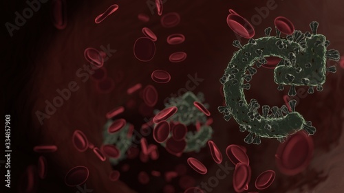 microscopic 3D rendering view of virus shaped as symbol of redo inside vein with red blood cells