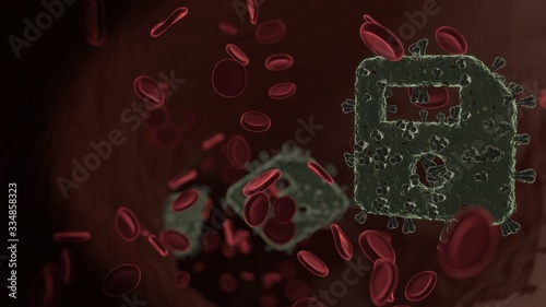 microscopic 3D rendering view of virus shaped as symbol of save inside vein with red blood cells