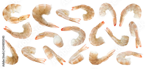 Collage of raw shrimps on white background