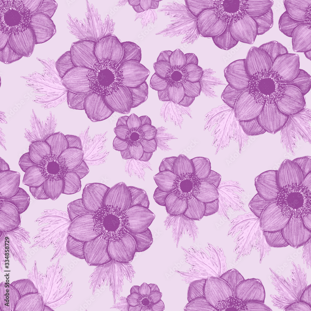 Fototapeta Seamless pattern with hand drawn flowers: artichoke, orchid, cotton, poppy, tulip, eucalyptus. Bright spring or summer print for any purposes. Decorative floral pattern. Colorful nature background.