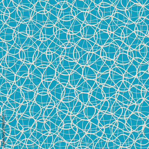 Woven style grid vector seamless pattern background. Hand drawn entwined loops of yarn weave backdrop. Geometric mesh of thread lines. Minimal blue organic all over print for texture, fabric packaging