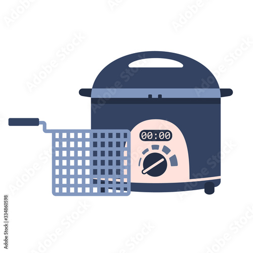 Flat vector electric home potato fryer icon with basket, chip pan. Cute blue and pink kitchen appliance, deep frying machine for logo design