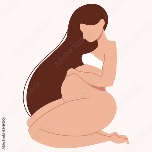 Pregnant woman isolated vector. Modern minimalistic illustration. Pregnant long hair brunette sitting and holding belly. Mother awaiting newborn baby. Mother care concept. Beautiful feminine design.