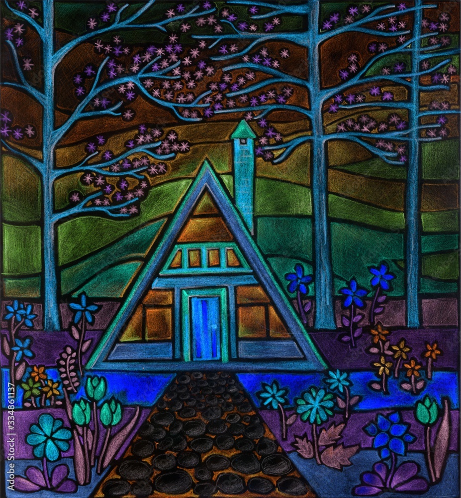 Magic night landscape with  house in pine forest. Hand drawn image.