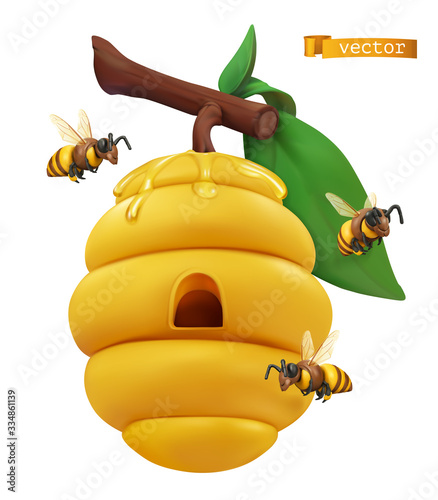 Beehive on tree branch and honey bees. 3d vector cartoon illustration