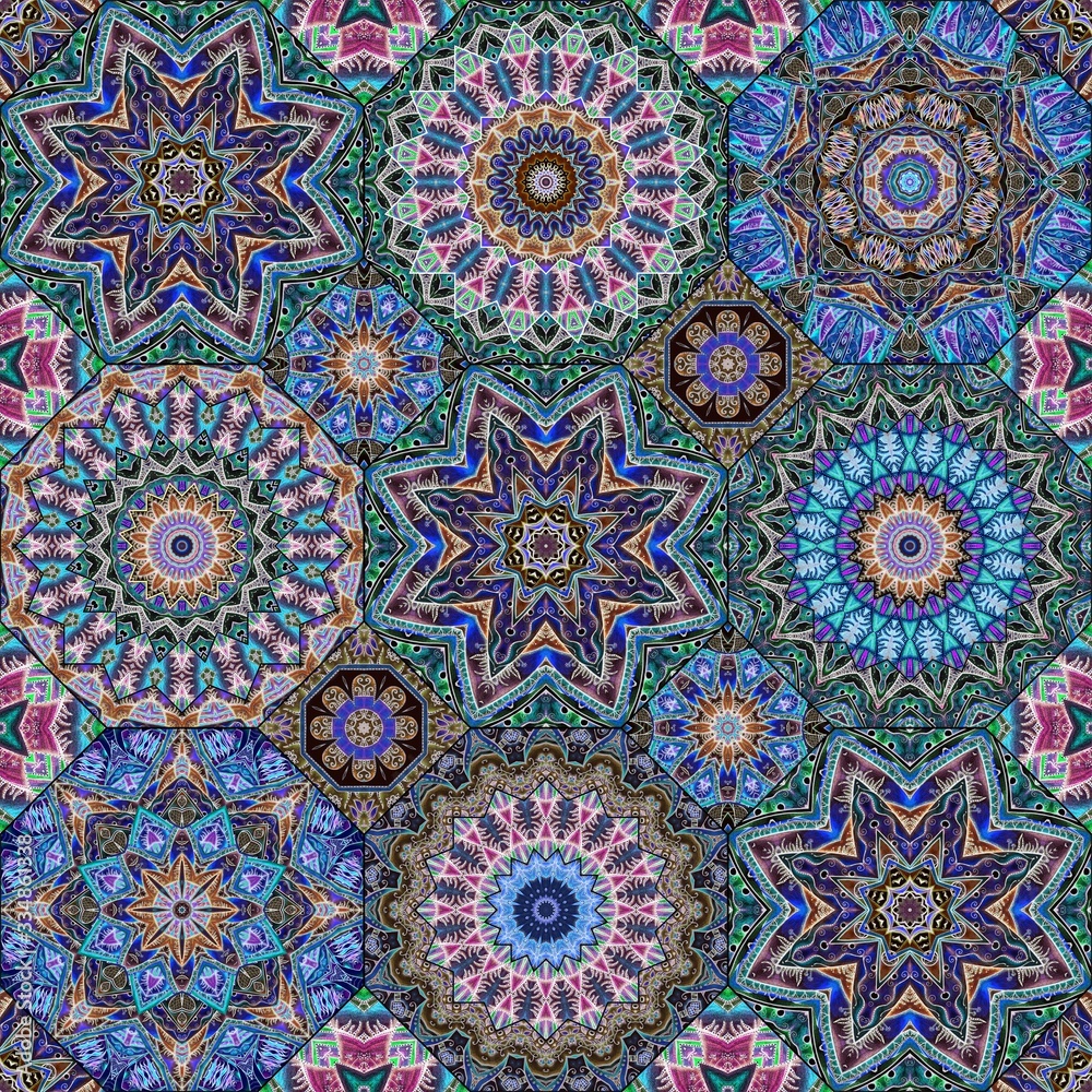Patchwork seamless pattern with ethnic motifs. Boho chic fabric. Colorful ceramic tiles. Decorative print.