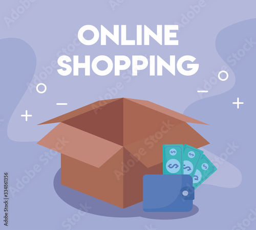 cardboard box with icons of online shopping