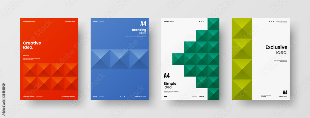 Company identity brochure template collection. Business presentation vector A4 vertical orientation front page mock up set. Corporate report cover abstract geometric illustration design layout bundle.