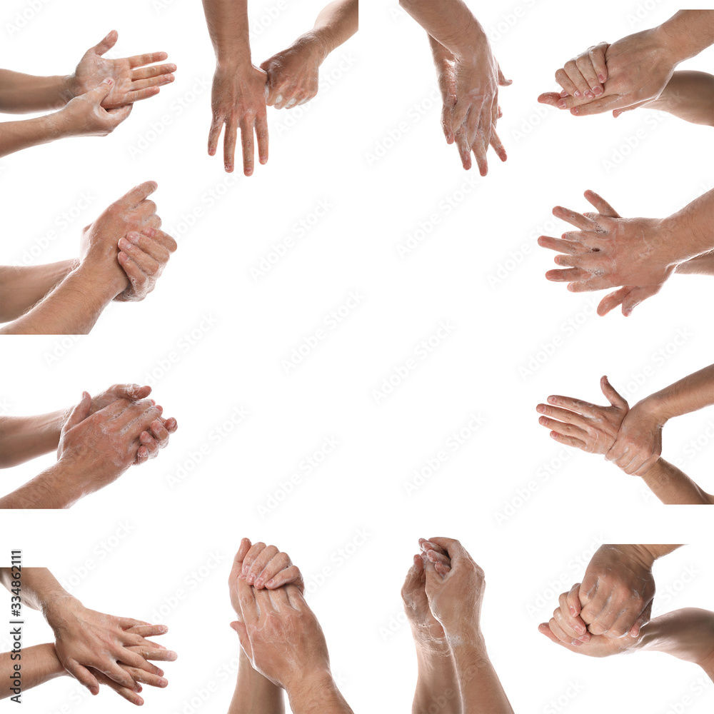 Collage of people washing hands with soap on white background, closeup. Space for design