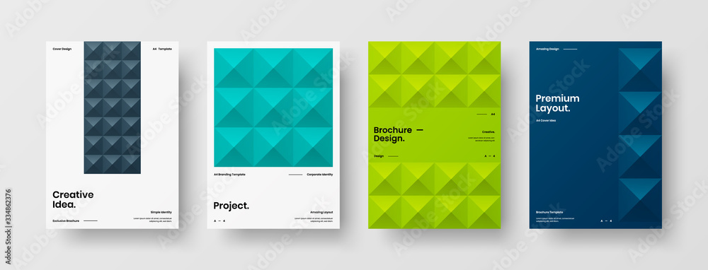 Fototapeta premium Company identity brochure template collection. Business presentation vector A4 vertical orientation front page mock up set. Corporate report cover abstract geometric illustration design layout bundle.