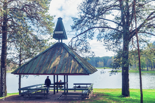 Wooden summer house at Druskonis Lake Druskininkai toned photo