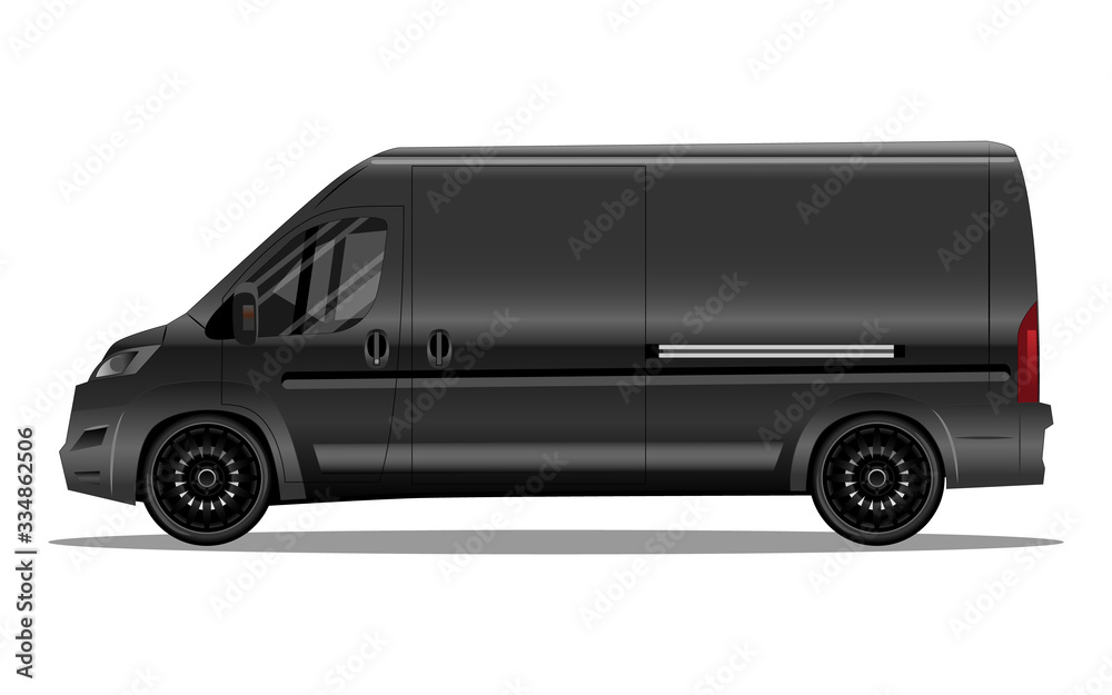 Matte black van with black alloy rims and blank space on the side for your text or logo. Detailed vector illustration.