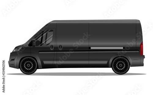 Matte black van with black alloy rims and blank space on the side for your text or logo. Detailed vector illustration.