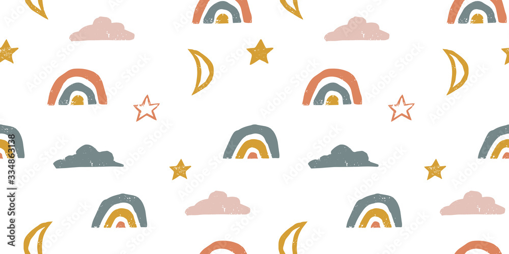 Seamless rainbow vector pattern with cloud star and moon. Hand drawn pastel muted designs for wallpaper textile fabric designs. Cute vector illustrations in grainy style.
