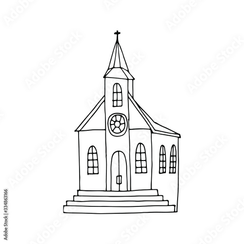 Country Church illustration. Outline stock vector sketch, isolated on white background