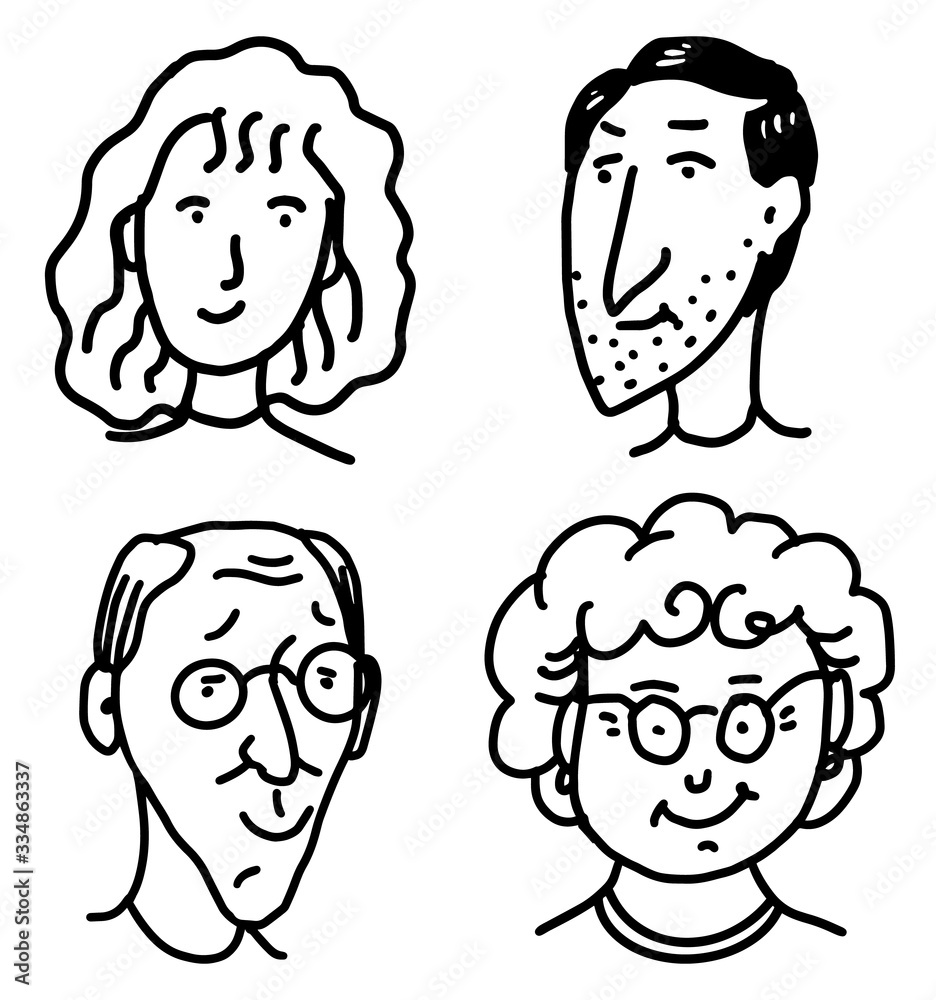 Diverse faces of people set. Human Avatars Collection. Old and young age. Happy emotions. Portrait with a positive facial expression. Men and women, grandparents and girls. Hand drawn doodle sketch. Diverse faces of people set. Human Avatars Collection. Old and young age. Happy emotions. Portrait with a positive facial expression. Men and women, grandparents and girls. Hand drawn doodle sketch.