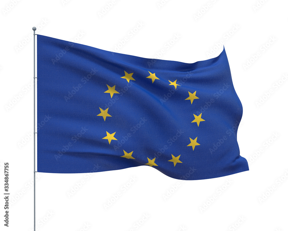 Waving flags of the world - Official EU flag. European Union Flag. Isolated on WHITE background 3D illustration.