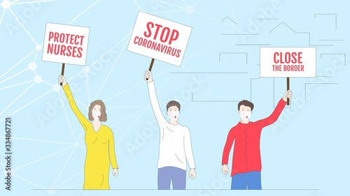 Vector illustration in cartoon style. People in face masks are protesting against epidemic Code 19. Stop the coronavirus. Molecular background. Design for website, banners, templates, posters