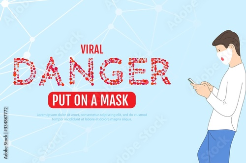 Vector illustration. Covid-19 background.The guy uses the phone during a coronavirus pandemic. Teenager in a face mask with a phone in his hands. Design for website, banners, templates, posters. 