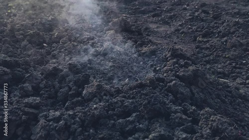 Explosion on the surface of the earth from an explosive device, hit by a shell or ammunition, the texture of smoke and flying soil from the shock wave in slow motion, the soil during combat