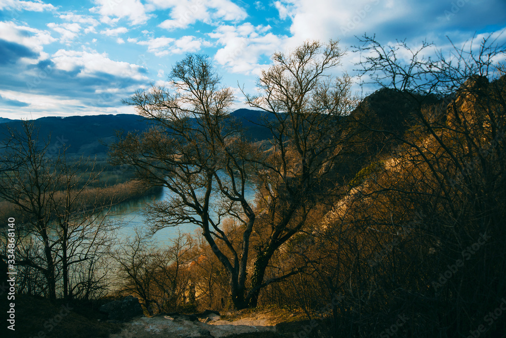 Photo of some dark hills near Danube river on spring time with no leaves trees and yellow grass. Photo of some dark hills near Danube river on spring time with no leaves trees and yellow grass.