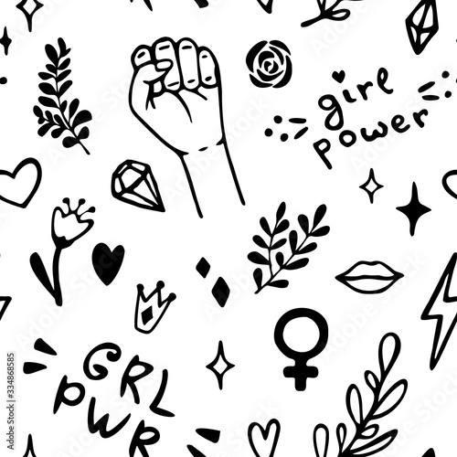 Vector seamless pattern with hand drawn elements on feminism theme: raised fist, slogans, symbol, crown, lips, hearts, branches, diamonds, sparks.