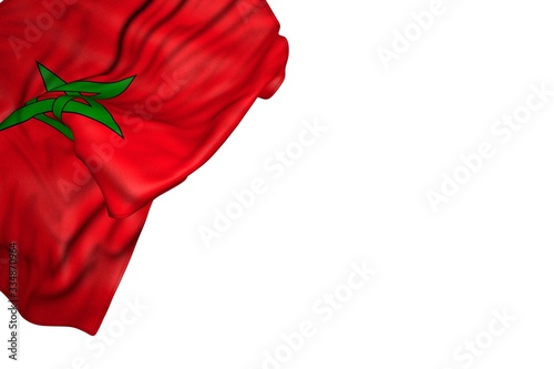 beautiful feast flag 3d illustration. - Morocco flag with large folds lay in top left corner isolated on white