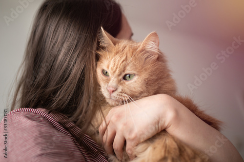 Cat and owner having a close relationship, cat on owner's shoulder