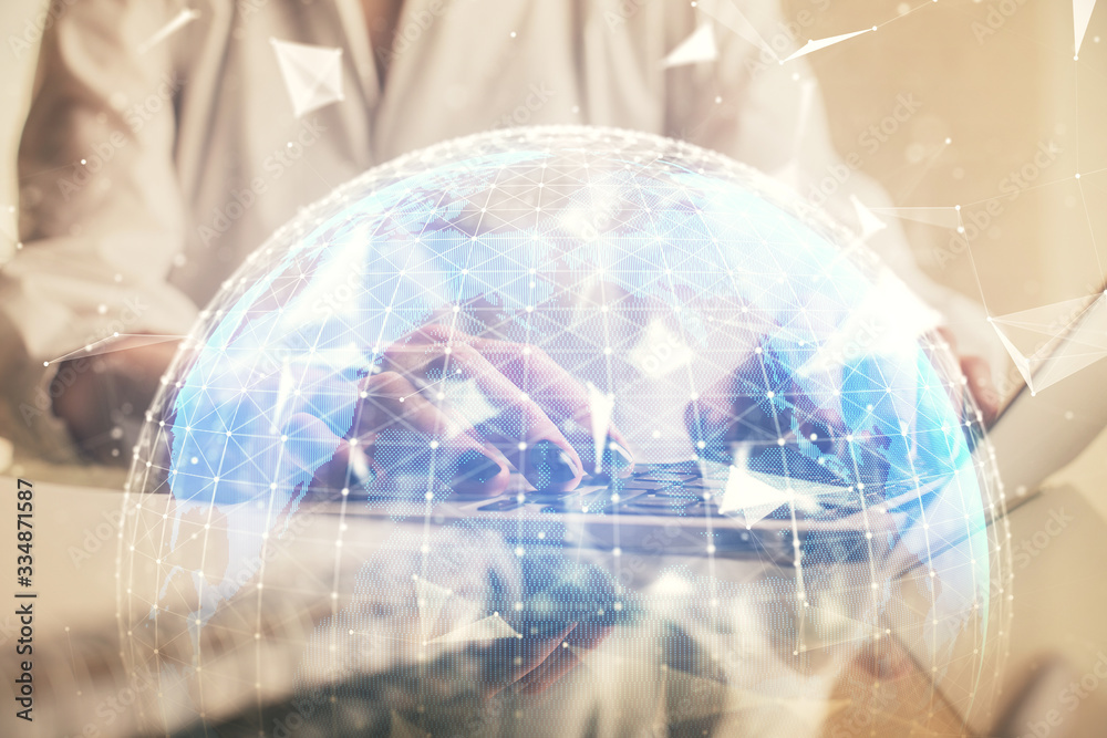 Double exposure of woman hands typing on computer and business theme hologram drawing. Success concept. Double exposure of woman hands typing on computer and business theme hologram drawing. Success concept.