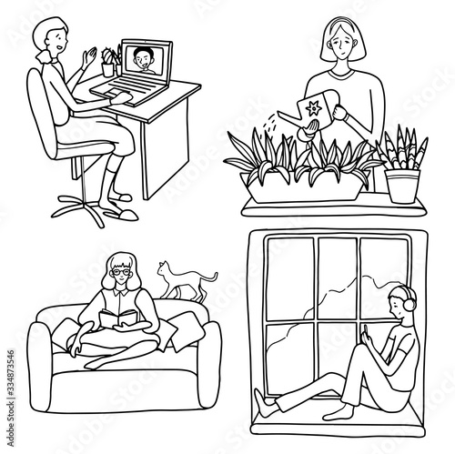 Set of illustrations of people engaged in various hobbies and entertainment at home. Hand drawn vector drawing collection in cartoon flat style. Contour simple elements for design isolated on white.