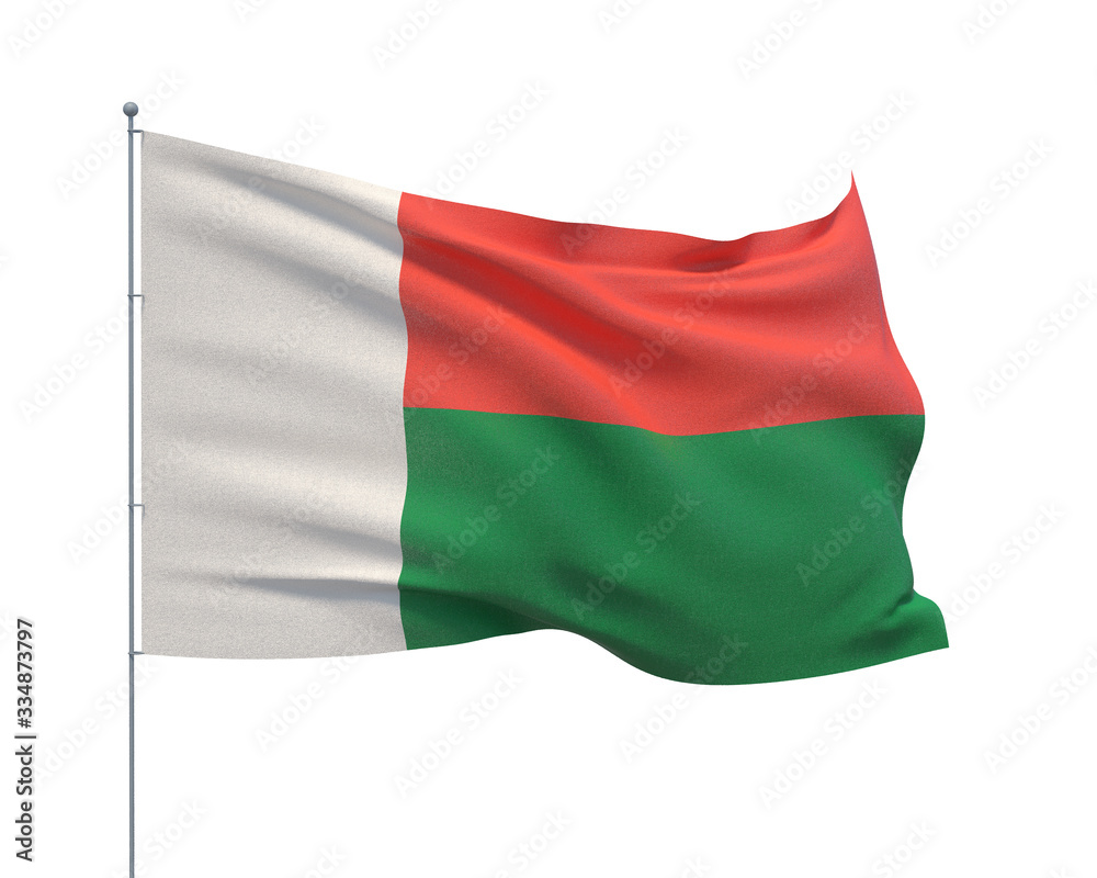 Waving flags of the world - flag of Madagascar.  Isolated on WHITE background 3D illustration.
