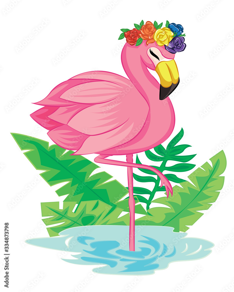 Fototapeta premium Cute flamingo with tropical leaf and flowers crown illustration for party invitation card template