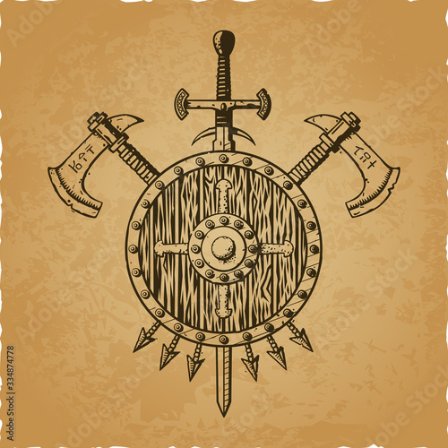 Vector illustration of a medieval coat of arms on a parchment background. Includes: sword, throwing axes, shield with wolf head, arrows. Themes: fantasy, medieval weapons, clan logo, Middle Ages.